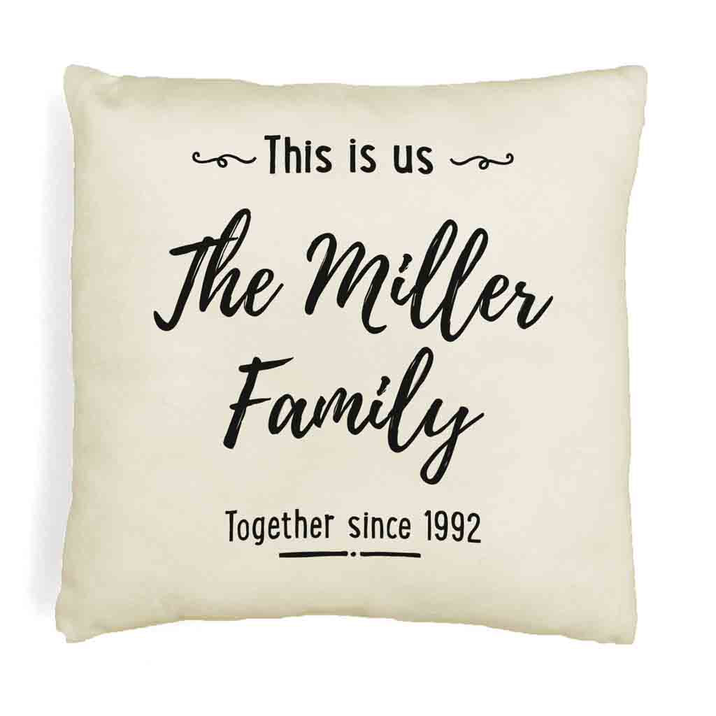 Family name, together since date, and this is us design digitally printed on super cute throw pillow cover.