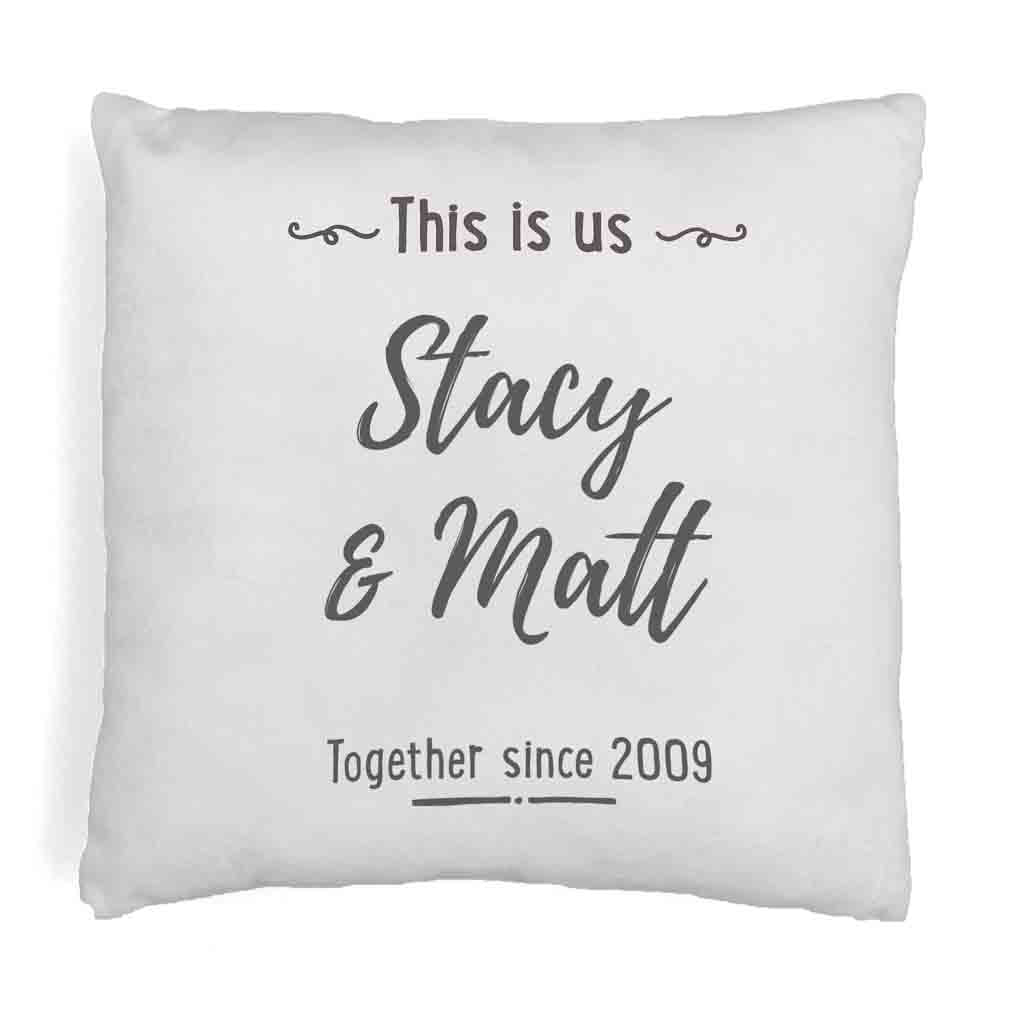 Custom printed accent throw pillow for the couple personalized with your name and date.