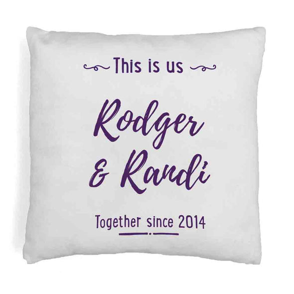 Custom printed accent throw pillow cover personalized with your names and date.