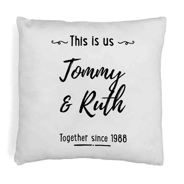 Cute this is us design custom printed on accent throw pillow cover and personalized with names and date.
