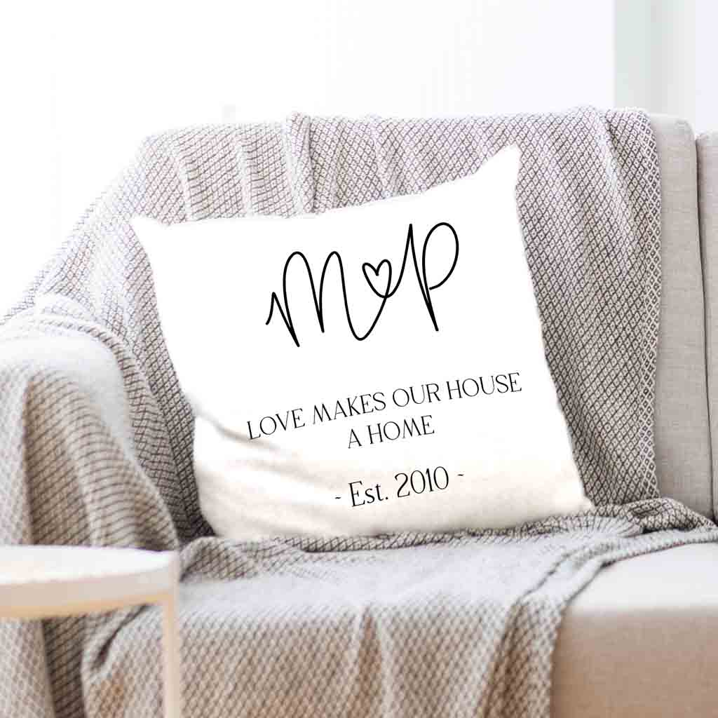 Fun throw pillow cover personalized with your initials and established date digitally printed.