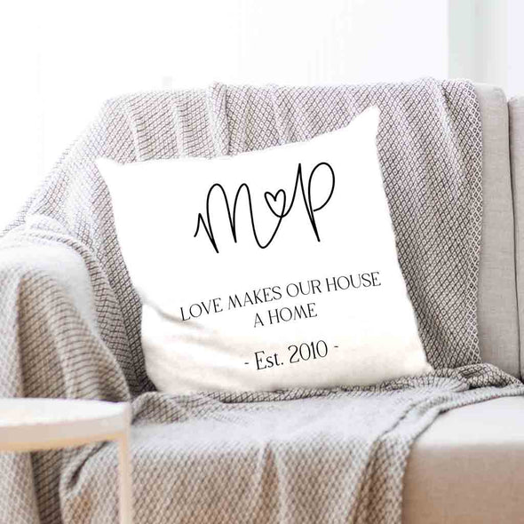 Fun throw pillow cover personalized with your initials and established date digitally printed.