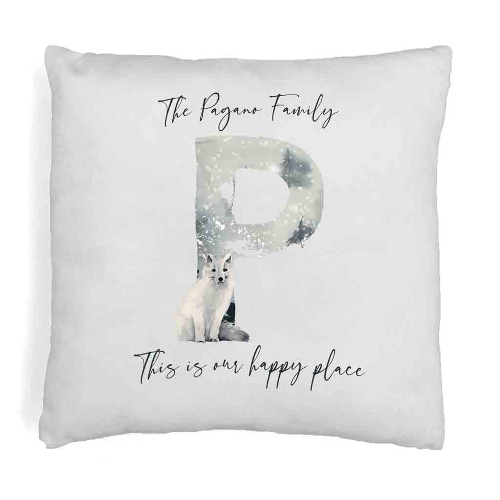 Winter forest theme design digitally printed with initial and family name on pillow cover.