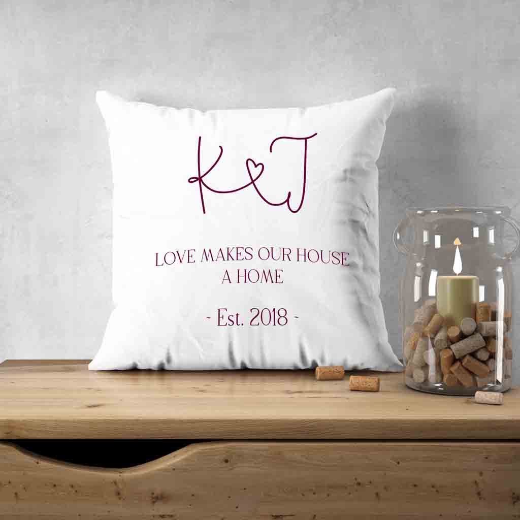 Custom printed throw pillow cover personalized with your initials and established date.