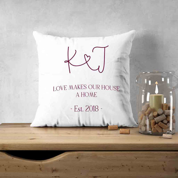 Custom printed throw pillow cover personalized with your initials and established date.