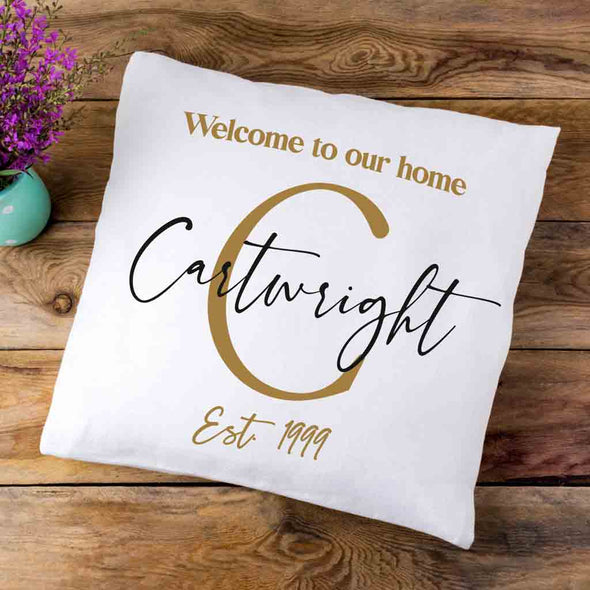 Welcome to our home design custom printed on throw pillow cover with your initial, name and year established.