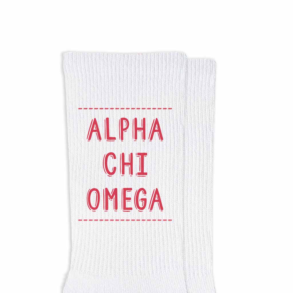 Alpha Chi Omega sorority name digitally printed in sorority colors design by sockprints on white cotton crew socks is the perfect accessory to show your sorority pride.