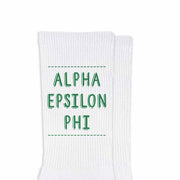 Alpha Epsilon Phi original sorority design by sockprints custom printed in AE Phi sorority colors on comfy white cotton crew socks. 