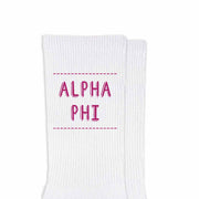 Alpha Phi sorority name design printed in sorority colors on comfy white cotton crew socks is the perfect gift for your sorority sisters.