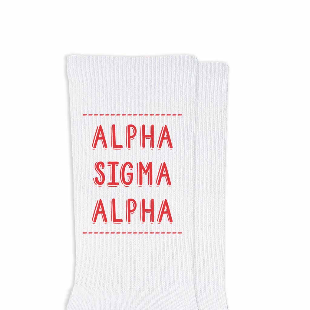 Alpha Sigma Alpha sorority name design printed in sorority colors on comfy white cotton crew socks is the perfect gift for your sorority sisters.