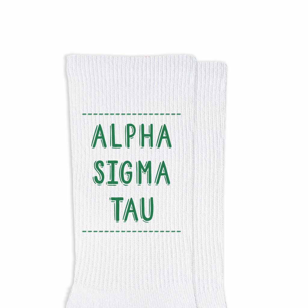Alpha Sigma Tau sorority name design printed in sorority colors on comfy white cotton crew socks is the perfect gift for your sorority sisters.