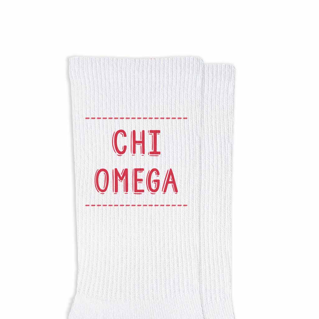 Chi Omega sorority name design printed in sorority colors on comfy white cotton crew socks is the perfect gift for your sorority sisters.