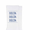 Delta Delta Delta sorority name design printed in sorority colors on comfy white cotton crew socks is the perfect gift for your sorority sisters.