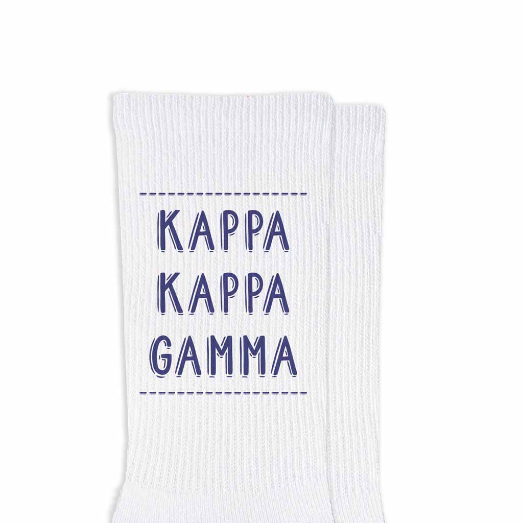 Kappa Kappa Gamma sorority name design printed in sorority colors on comfy white cotton crew socks is the perfect gift for your sorority sisters.