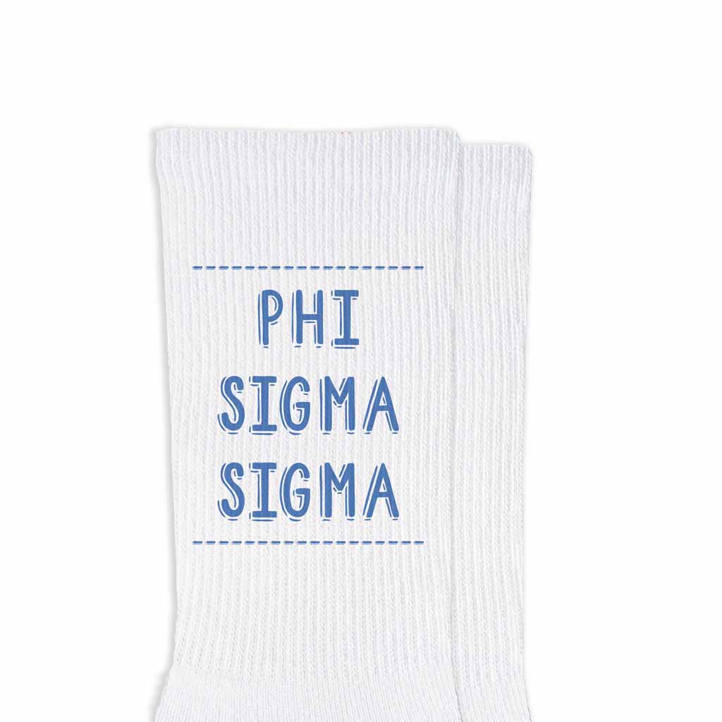 Phi Sigma Sigma sorority name design printed in sorority colors on comfy white cotton crew socks is the perfect gift for your sorority sisters.