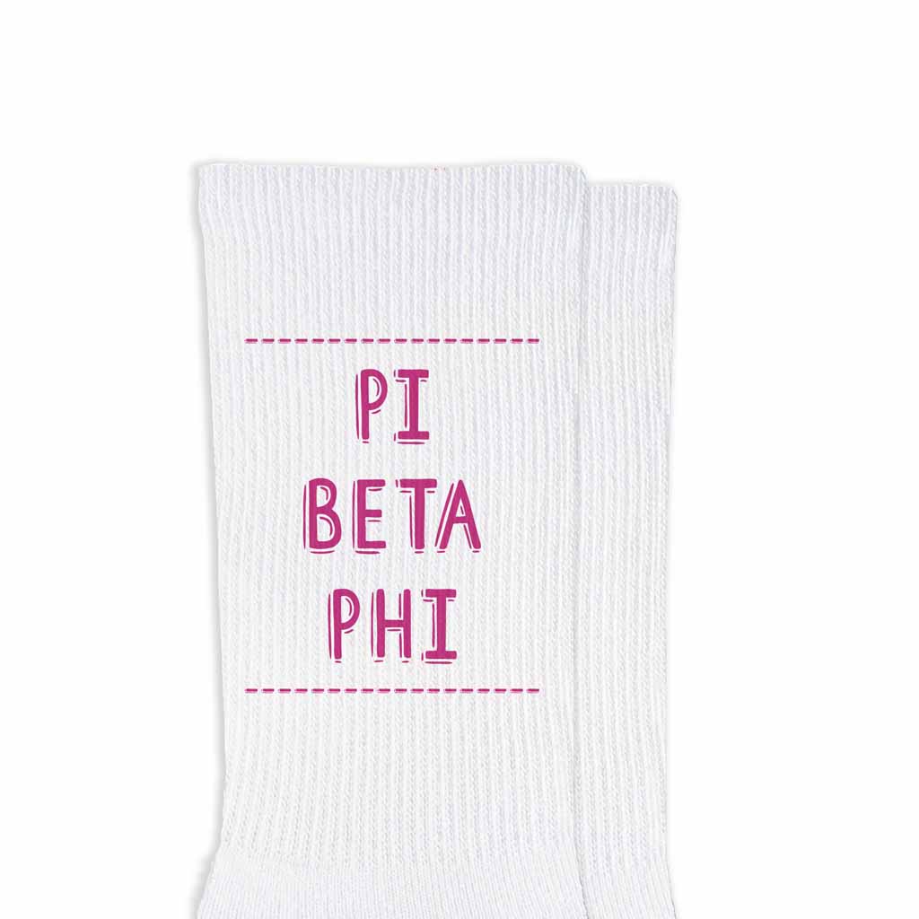 Pi Beta Phi sorority name design printed in sorority colors on comfy white cotton crew socks is the perfect gift for your sorority sisters.