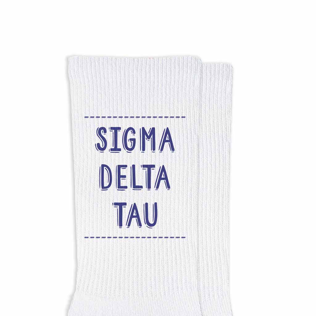 Sigma Delta Tau sorority name design printed in sorority colors on comfy white cotton crew socks is the perfect gift for your sorority sisters.