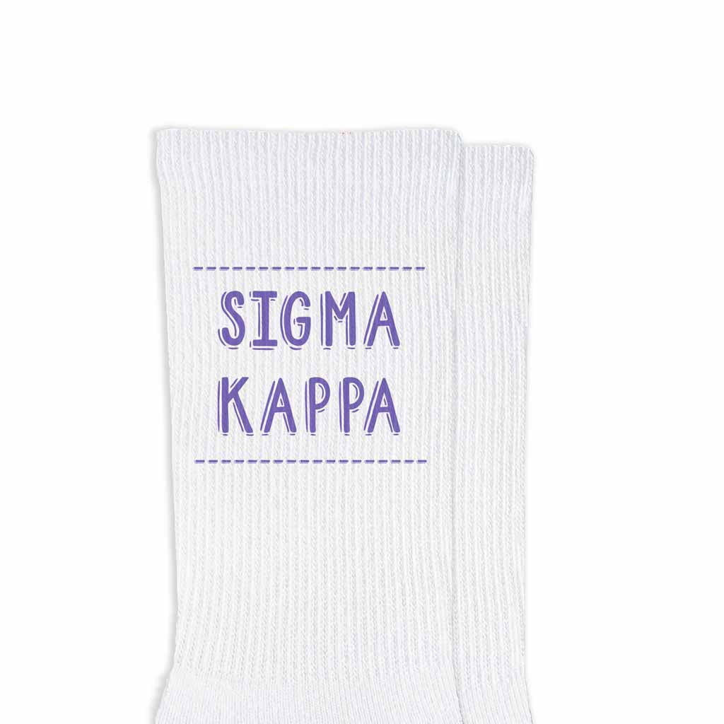 Sigma Kappa sorority name design printed in sorority colors on comfy white cotton crew socks is the perfect gift for your sorority sisters.