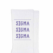 Tri Sigma sorority name design printed in sorority colors on comfy white cotton crew socks is the perfect gift for your sorority sisters.