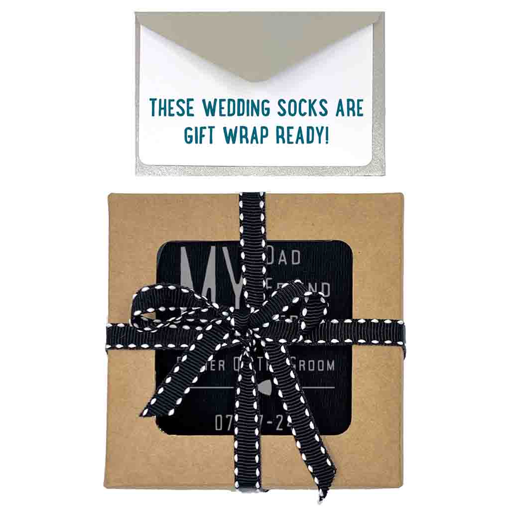Easy to use exclusive gift wrapping bundle included with purchase of father of the groom wedding socks.