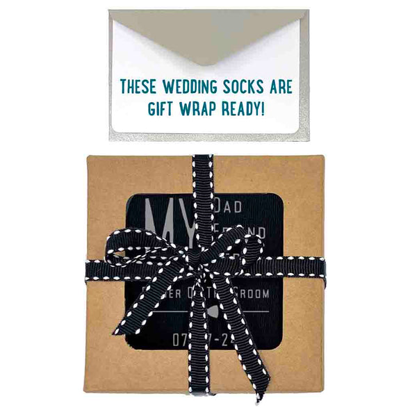 Easy to use exclusive gift wrapping bundle included with purchase of father of the groom wedding socks.