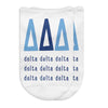 Tri Delta sorority letters and name digitally printed on white no show socks.