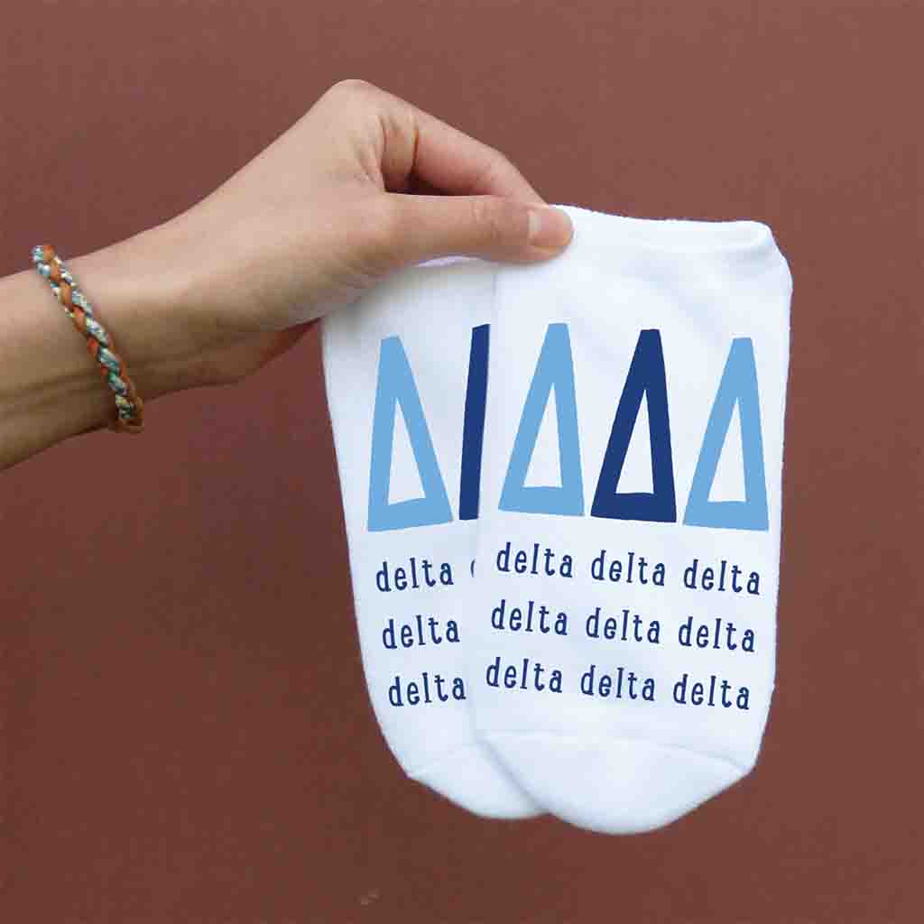 Tri Delta sorority letters and name digitally printed on white no show socks.