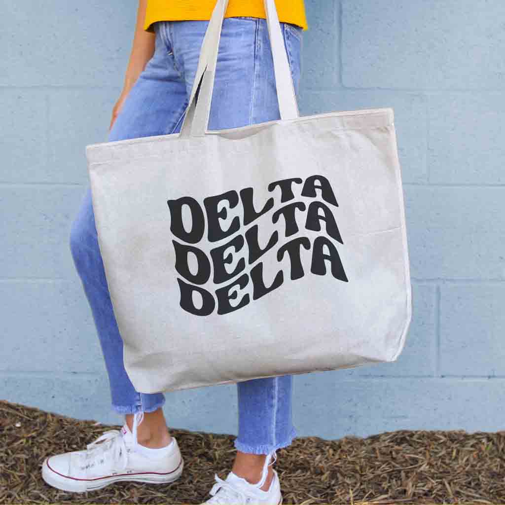 Delta Delta Delta digitally printed simple mod design on roomy canvas sorority tote bag.