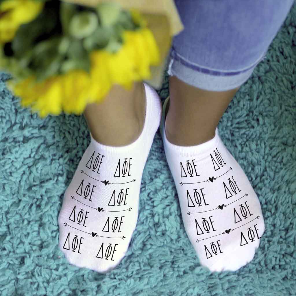 DPE sorority letters repeat boho custom printed on no show socks.