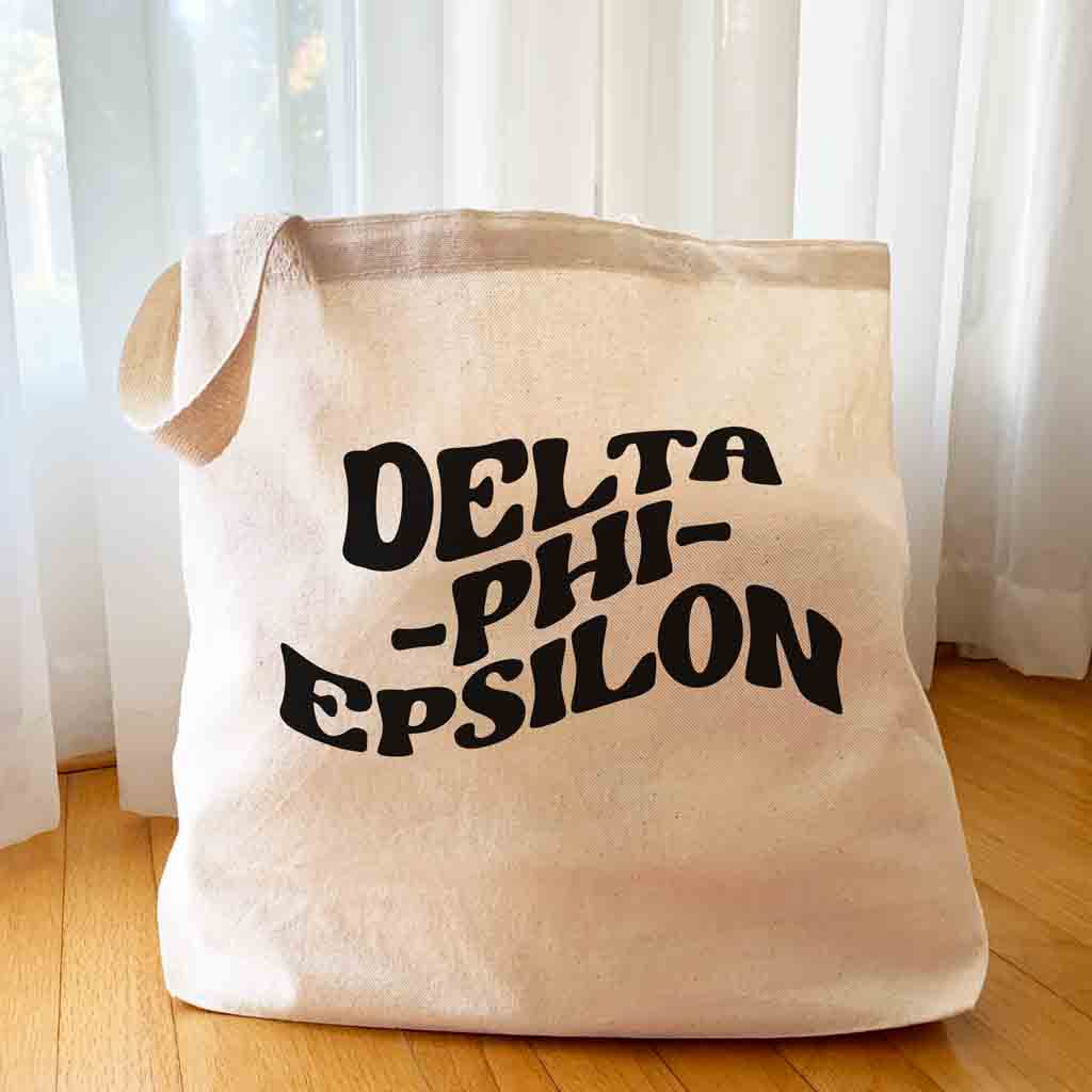 Delta Phi Epsilon digitally printed simple mod design on roomy canvas sorority tote bag.