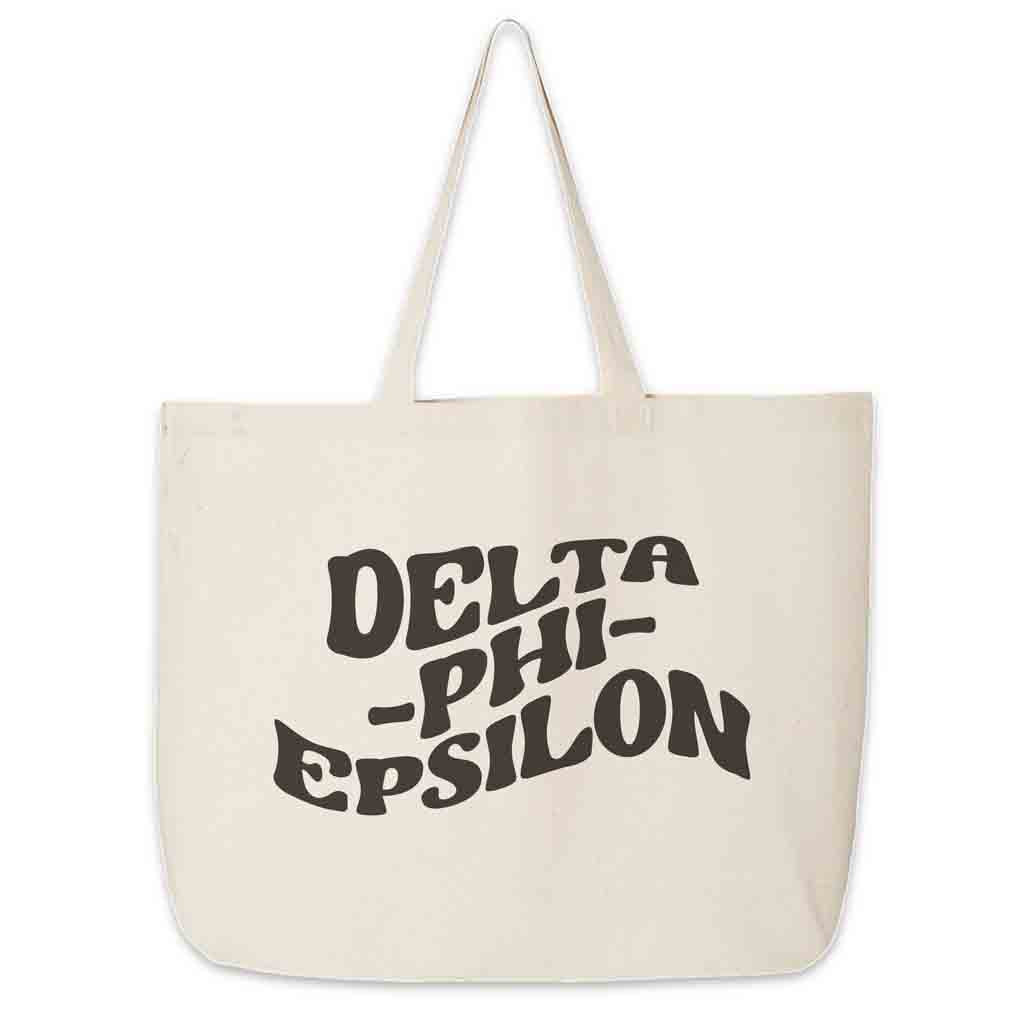 Delta Phi Epsilon digitally printed simple mod design on roomy canvas sorority tote bag.