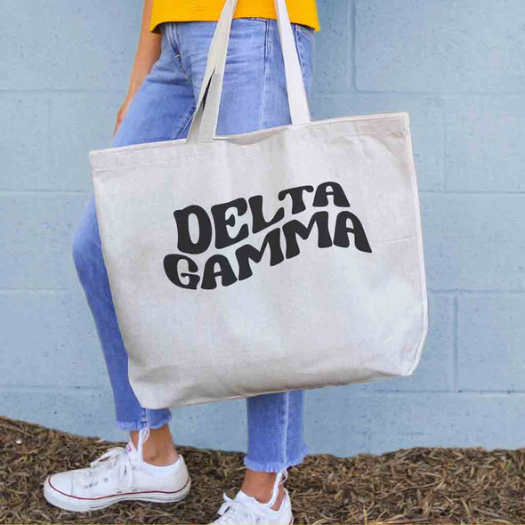 Delta Gamma digitally printed simple mod design on roomy canvas sorority tote bag.