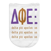 Delta Phi Epsilon sorority letters and name digitally printed on no show socks.