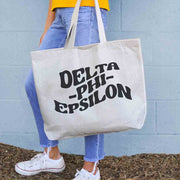 Delta Phi Epsilon digitally printed simple mod design on roomy canvas sorority tote bag.