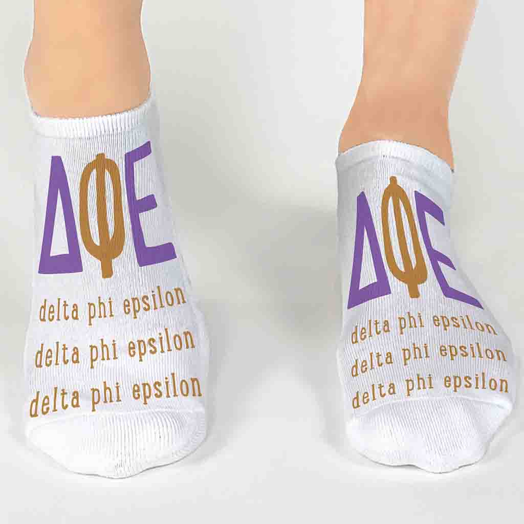 Delta Phi Epsilon sorority letters and name digitally printed on no show socks.