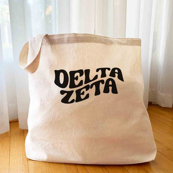 Delta Zeta digitally printed simple mod design on roomy canvas sorority tote bag.