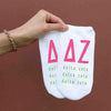Delta Zeta sorority letters and name digitally printed in sorority colors on white no show socks.