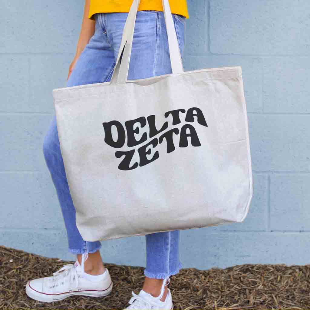 Delta Zeta digitally printed simple mod design on roomy canvas sorority tote bag.