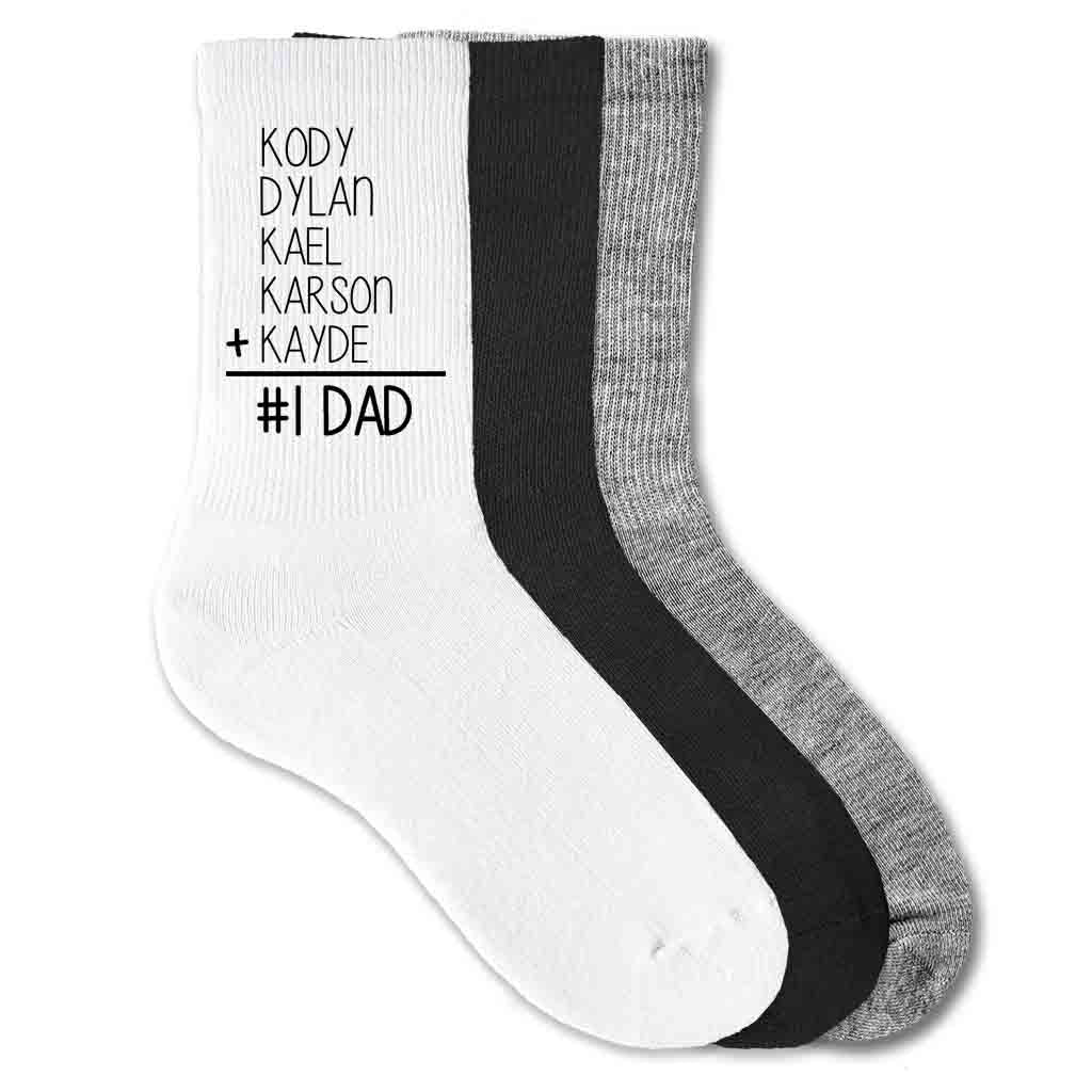 Number one Dad math equation custom printed and personalized with kids names on crew socks.