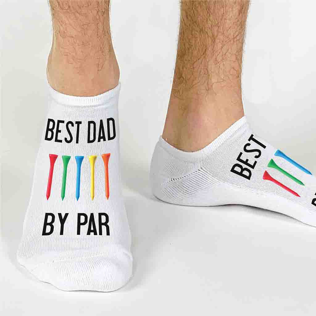 Best Dad by par digitally printed on the top of white no show socks.