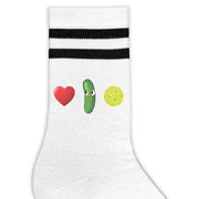 Super cute pickleball crew socks digitally printed design custom printed on the side of the white crew socks with black stripes.