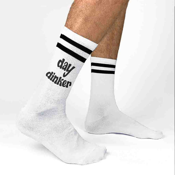 Custom designed by sockprints these super cute pickleball socks with day dinker printed on the side of the socks.
