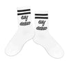 White crew socks with black stripes digitally printed with day dinker for the pickleball lover designed by sockprints.