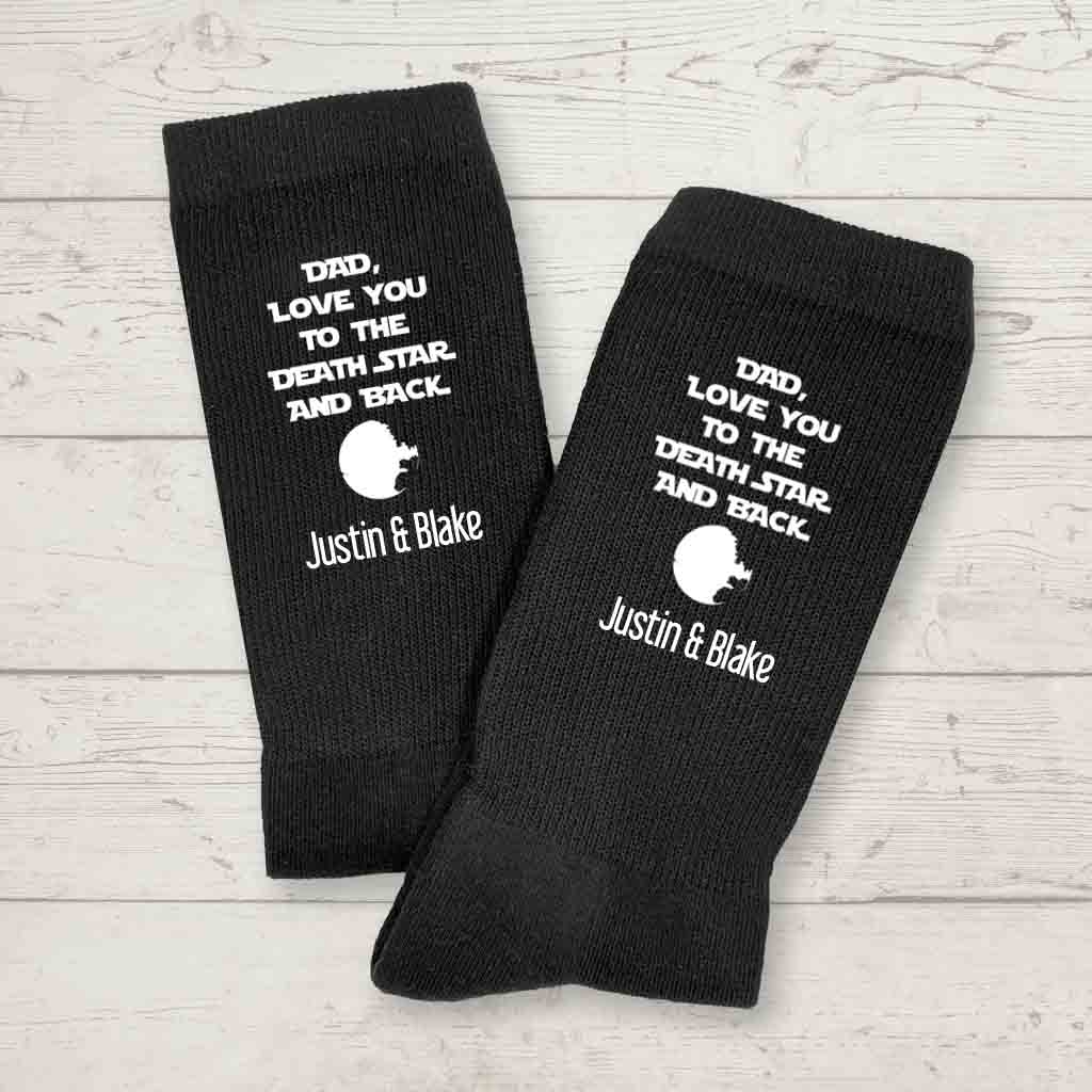 personalized socks with names and Love you to the Death Star and Back printed on the side of the crew socks