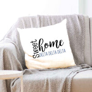 Tri Delta sorority name with stylish sweet home design custom printed on white or natural cotton throw pillow cover.