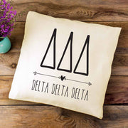 Tri Delta sorority letters and name in boho style design custom printed on white or natural cotton throw pillow cover.