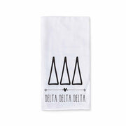 Tri Delta sorority name and letters digitally printed on cotton dishtowel with boho style design.