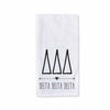 Delta Delta Delta sorority name and letters custom printed with boho style design on white cotton kitchen towel.
