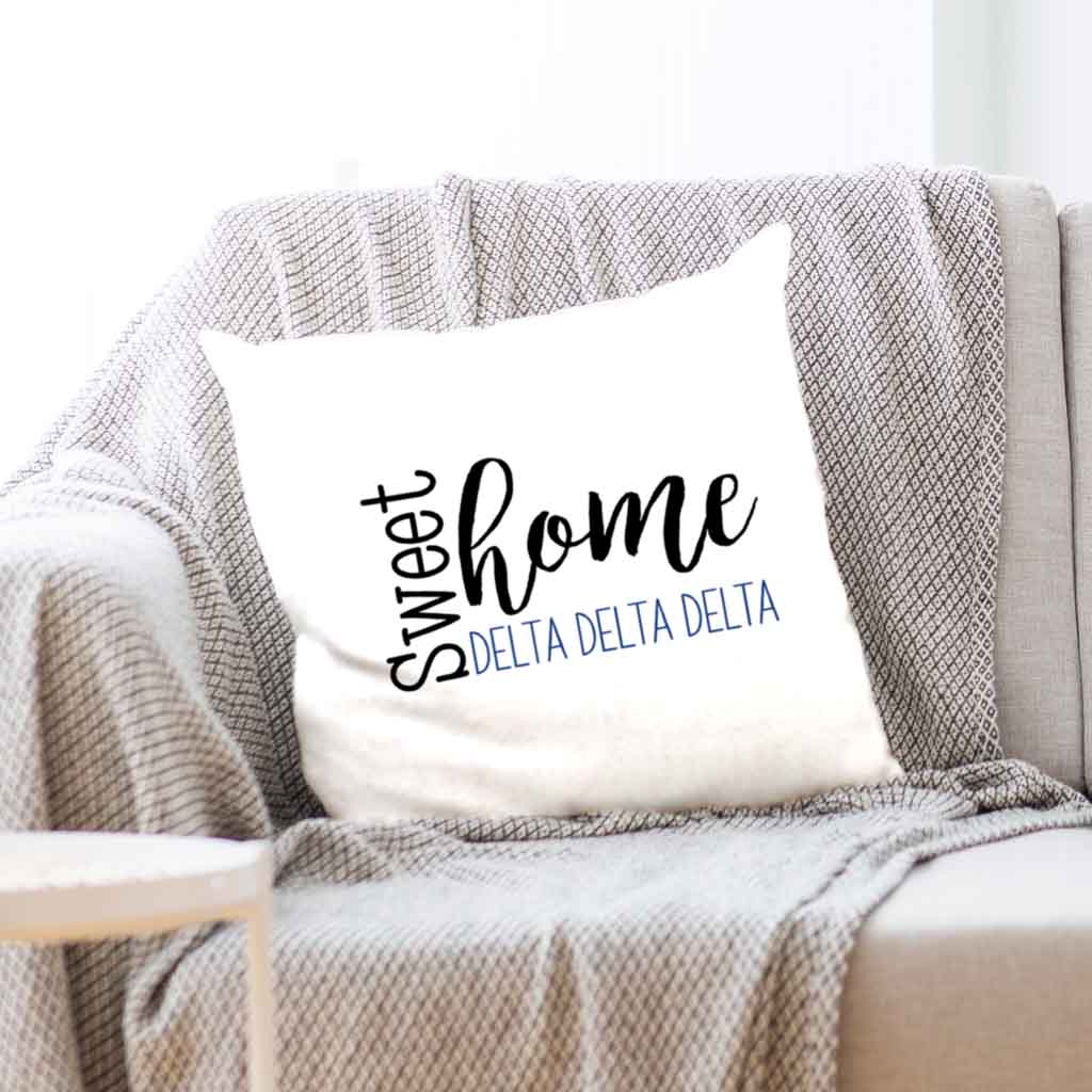 Tri Delta sorority name with stylish sweet home design custom printed on white or natural cotton throw pillow cover.