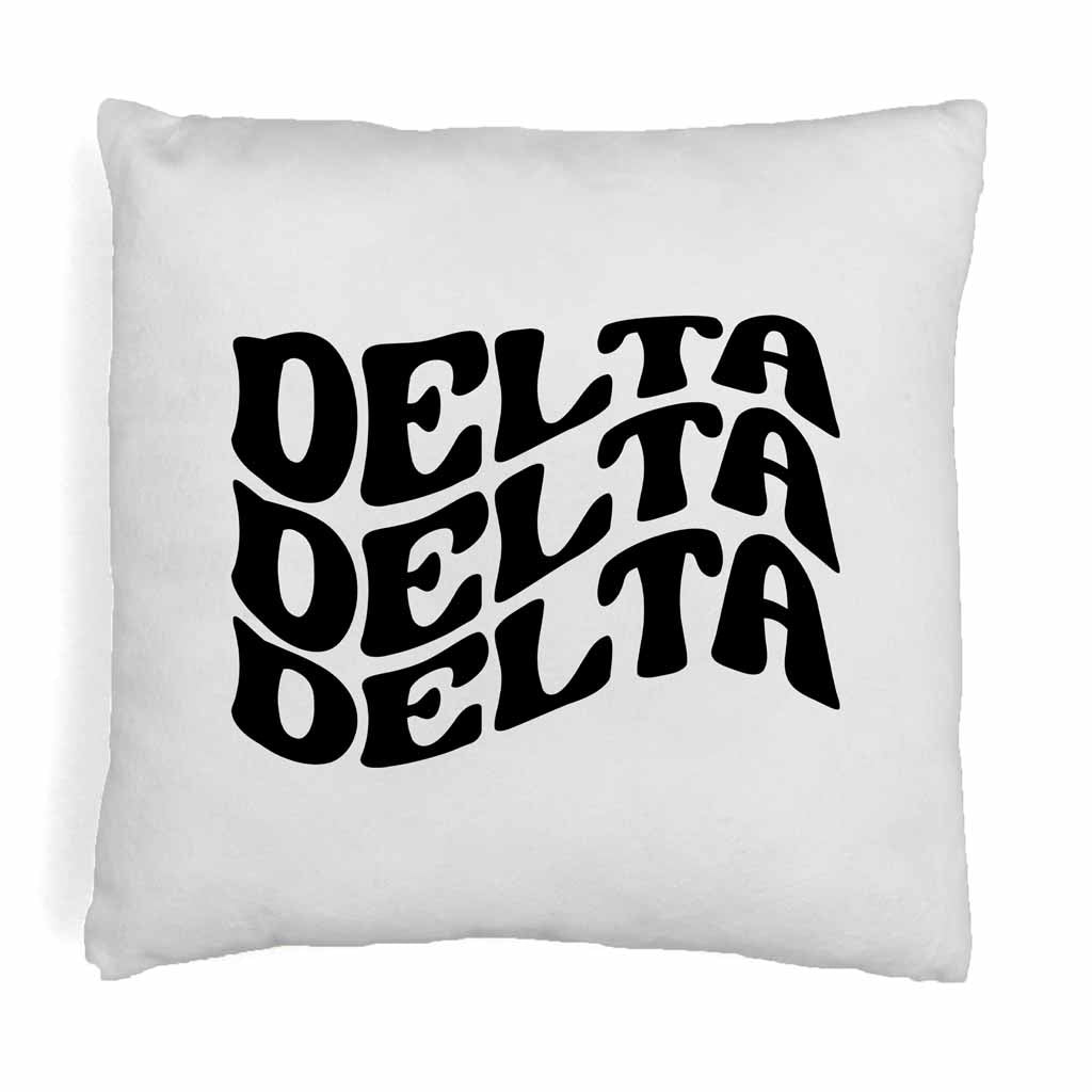 Delta Delta Delta sorority name in mod style design digitally printed on throw pillow cover.